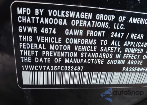 2015 Volkswagen Passat 2.0L Tdi Sel Premium from USA, damaged, VIN 1VWCV7A35FC022497